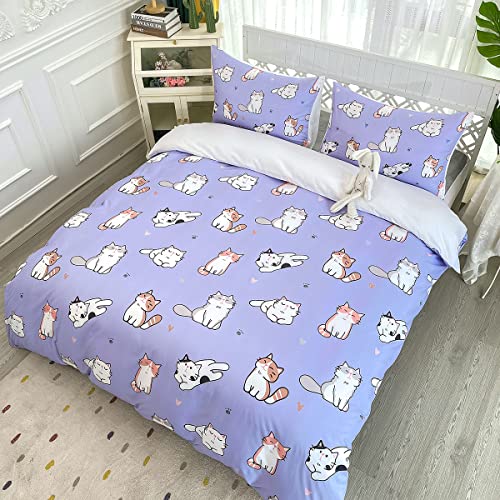 HOSIMA Purple Cats Duvet Cover King Size, Kawaii Cat Bedding Set, Durable Comforter Cover Set for Boys Girls Easy Care (No Comforter) - Image 2