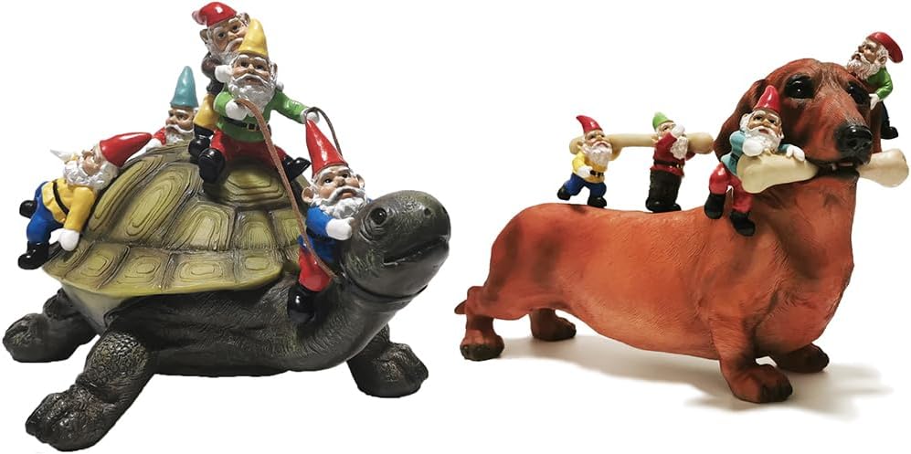 Turtle and Dachshund Garden Gnome Statues Yard Art Resin Figurine Decorations Outdoor Garden Décor