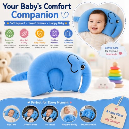 Image of VanityX Baby Neck Pillow for Newborn & Infant, Elephant Shape Mustard Seed Neck Support Pillow, Soft Plush Head Support Cushion for Stroller, Car Seat, Travel & Sleeping, Blue