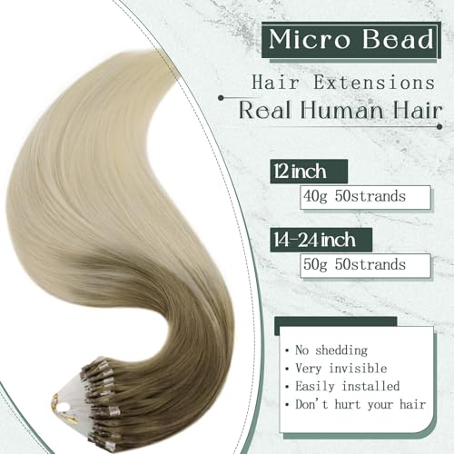 RUNATURE Micro Ring Hair Extensions Ombre Blonde Brown Micro Beads Hair Extensions Remy Human Hair Blonde Balayage Micro Link Hair Extensions Human Hair 14 Inch 50 Gram - Image 3