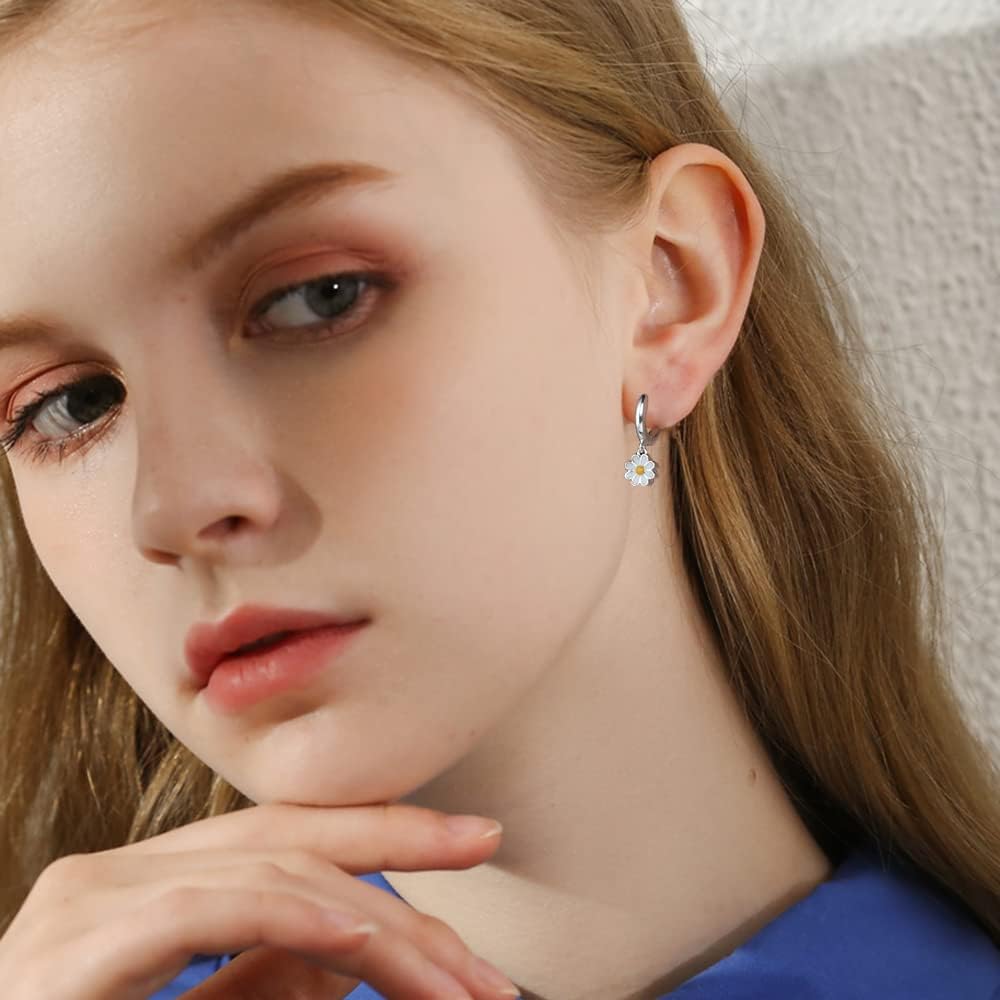 Cute Daisy Flower Hoop Earrings for Women Mini Small Cartilage Hoop Sterling Silver Plated Hypoallergenic White Flowers Dangle Drop Earring Piercing Huggie Hoops Gift for Girlfriend Valentine's Day - Image 3