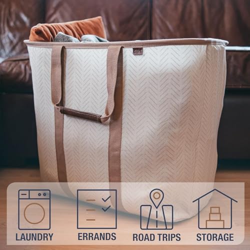 Image of CleverMade Collapsible Laundry Caddy - Foldable Laundry Hamper & Tote, XXL 64L Pop-Up Laundry Basket with Handles, Space-Saving Laundry Organizer for Home & Travel, 2 Pack - LUXE Cream Herringbone