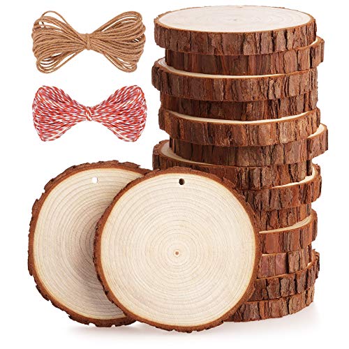 Fuyit Natuurlijke Hout Plakken 15 Stks 10-11cm Ongeboorde Gat Onafgewerkte Houten Houten Cirkels voor DIY Ambachten Bruiloft Decoraties Kerst Ornamenten met Gratis Geschenken