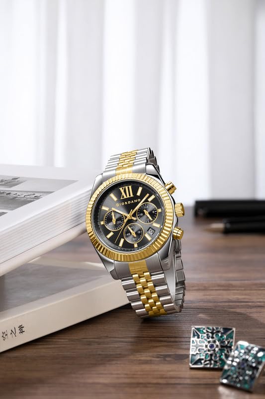 Image of Giordano Chronograph Watch for Men with Round Sunray Dial, Quartz Movement, Three Sub-Dials, Date Display, Roman Numeral Marker, Stainless Steel Strap - GZ-50217
