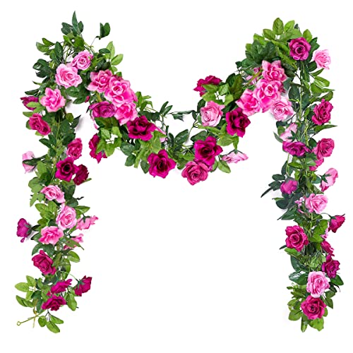 Veryhome 3Pcs Künstliche Rose Vine Seidenblumen Gefälschte Rose Vine Girlande Pflanze 13 Köpfe 7,9FT Floral Efeu Dekoration für Zuhause Hochzeitsarrangements Party Garten Dekor Lila Fuchsia