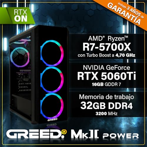 GREED® Mk2 Power - 4K High End Gaming PC Raytracing - AMD Ryzen 7 5700X + Nvidia Geforce RTX 5060Ti 16GB - 4,6 GHz Ultra-rápido RGB + Ordenador de sobremesa - 32 GB DDR4 RAM - 1TB SSD - WLAN + W11 Pro - imagen 3