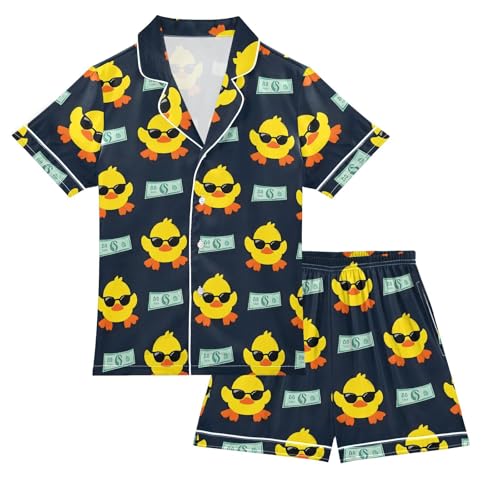 ALAZA Duck Dollar Satin Pajamas Set Short Sleeve Button Down Sleepwear Summer Pjs 2 Piece