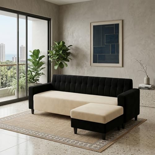 Image of FURNY Luxe 4 Seater L Shape Sofa Set with Movable Ottoman | Flexible Left or Right Layout | Plush Velvet Fabric (Black-Cream) | Perfect for Living Room, Guest Room & Office