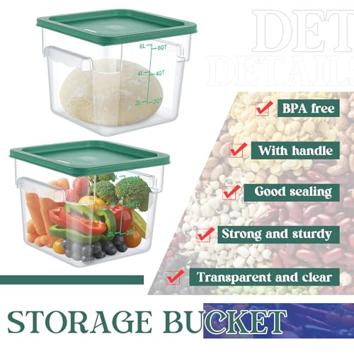 Image of Ziliny 3 Sets 6 Qt Square Food Storage Containers with Lids Dough Proofing Bucket Commercial Polycarbonate Containers with Scale Clear Airtight Cereal for Pantry Home Restaurant (Green)