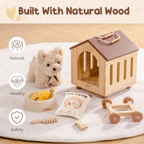 ROBUD Hund Spielzeug Kinder, 2-in-1 Nachziehtiere Spielzeug & Tierpflege Rollenspielset mit Holz Hundehütte & Abnehmbaren Rädern, Zubehör, Holzspielzeug Geschenk für Jungen Mädchen ab 2 3 Jahren