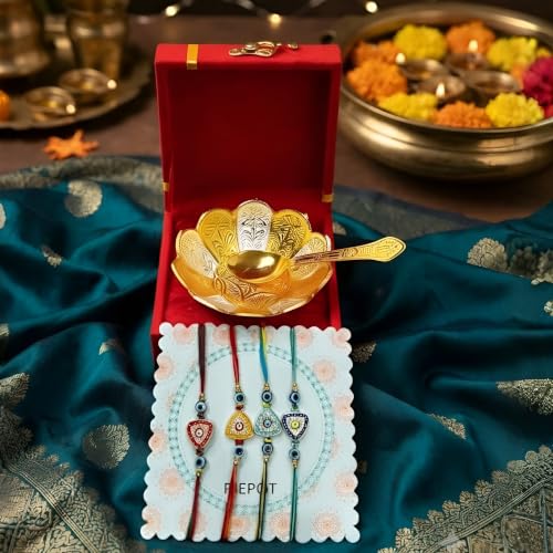 Image of Premium Rakhi Gift Set, Gold Plated German Silver Bowl Spoon, Designer Rakhi for Brother, Raksha Bandhan Festive Gift Box 4 Rakhi Set for Brother with gift
