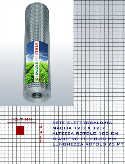 Rete Metallica Elettrosaldata Zincata, Maglia 12,7 x 12,7 mm, Rotolo 25 mt x 100 cm, Spessore 0,8 mm (ZINCATO)