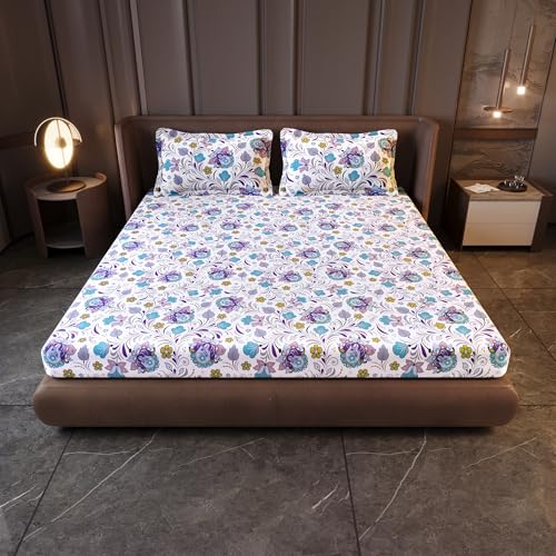 Image of Divine Casa 144 TC Cotton King Size Bedsheet with 2 Pillow Covers | Soft Comfortable Bedsheet for King Size Bed | Breathable Printed Bedding Set | 270 x 270 cm (Purple Blue, Floral)
