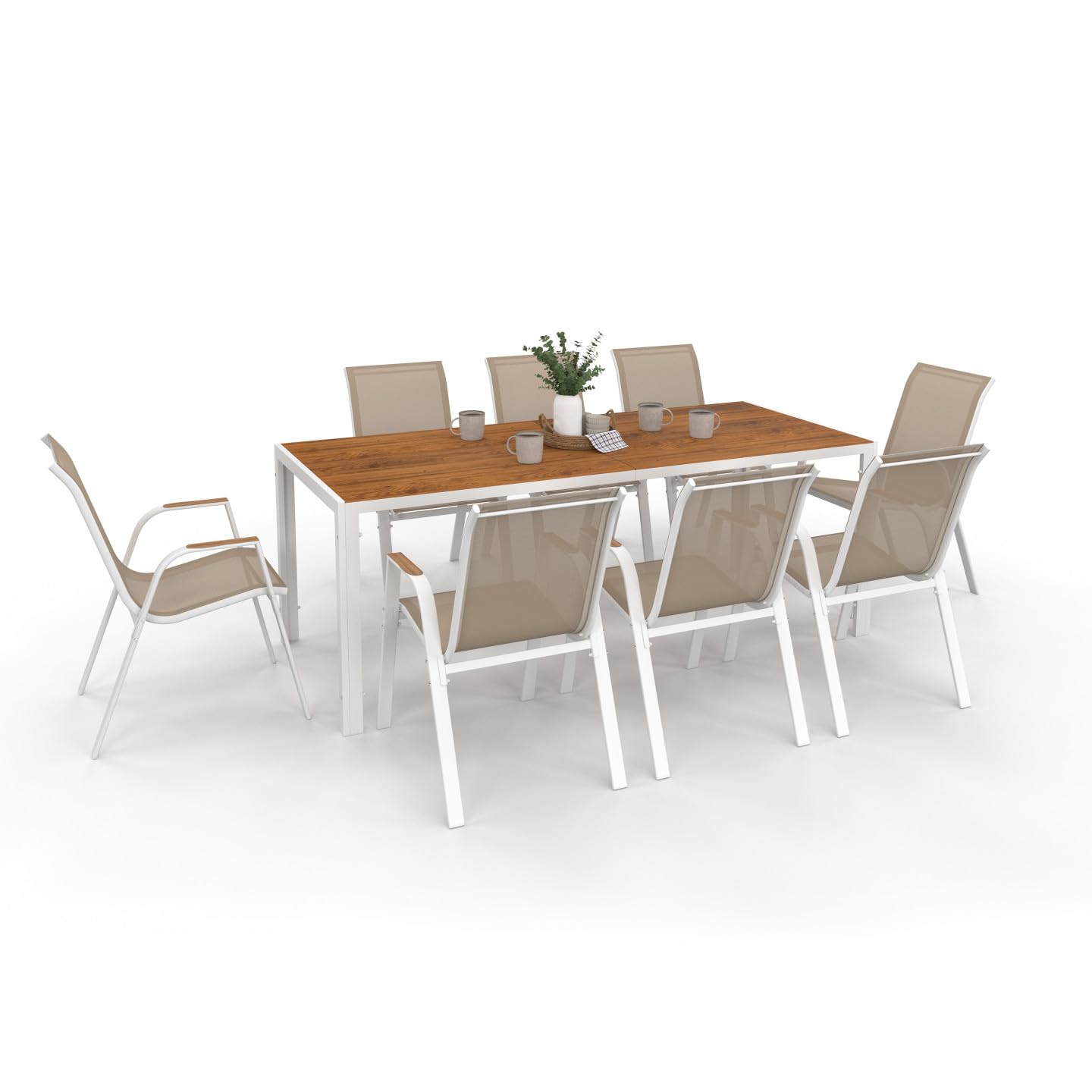 IDMarket - Salon de Jardin NOUMEA Table 190 cm Plateau Verre trempé Effet Bois et 8 chaises empilables Blanc et Bois