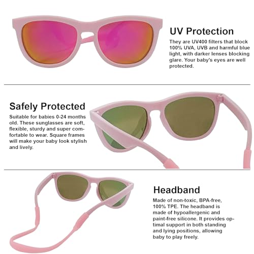 Flexible Polarized Baby Sunglasses with Strap for Infant Newborns Girl Boy 0-24 Months CPC Certified UV Protection D7183