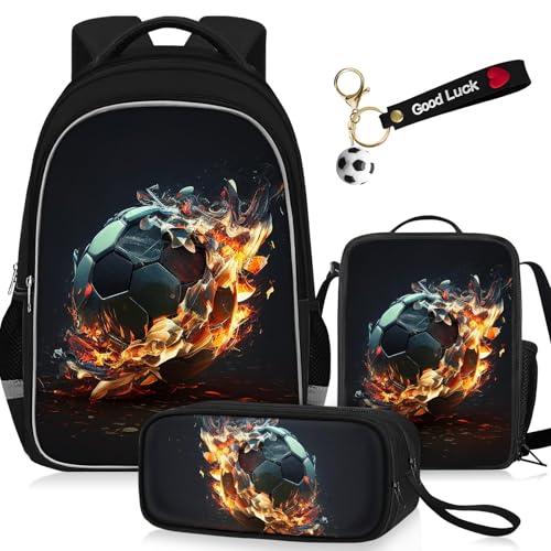 TILYTADLY School Backpack for Boys - 4pcs Soccer Boys Backpack with Lunch Box and Pencil Case for Kids Children Teens Elementary Middle School - Students Bag for Ages 6-18,17″Bookbag Travel Back Pack