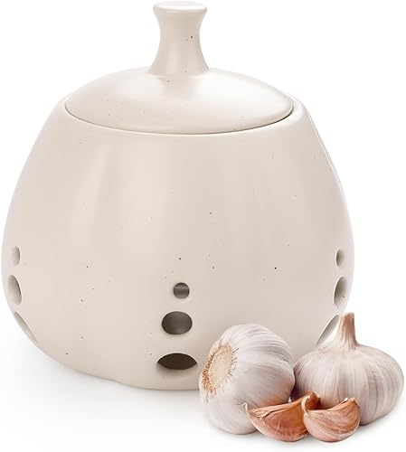 BosilunLife Contenedor de ajo para mostrador Contenedor de ajo con tapa, soporte grande de cerámica para cocina, soporte de ajo para encimera para