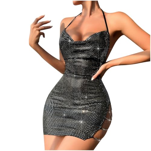 Genérico Vestidos Lentejuelas Mujer,Vestido De Cadera Envuelto Entallado Sexy con Cadena En La Espalda Abierta Y Falda Corta Sin Mangas con Cuello Colgante Y Pieza Iluminada (Black, M)