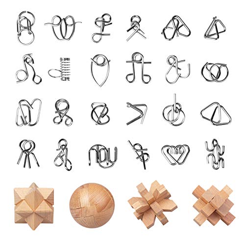 EJOYFL Brain Teaser Puzzle 28Pcs Unlock Interlock Puzzle IQ Test Toy 3D Wooden and Metal Magic Ball Brain Teaser Toy Puzzles for Teen and Adults