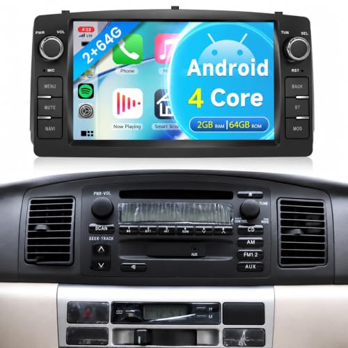 4Core 2G+64G Android 15 Car Stereo Radio for Toyota Corolla E120 E130 2000-2004 Rimoody Wireless CarPlay Android Auto GPS 7 Inch Touch Screen Mirror Link WiFi Bluetooth FM RDS SWC Backup Camera