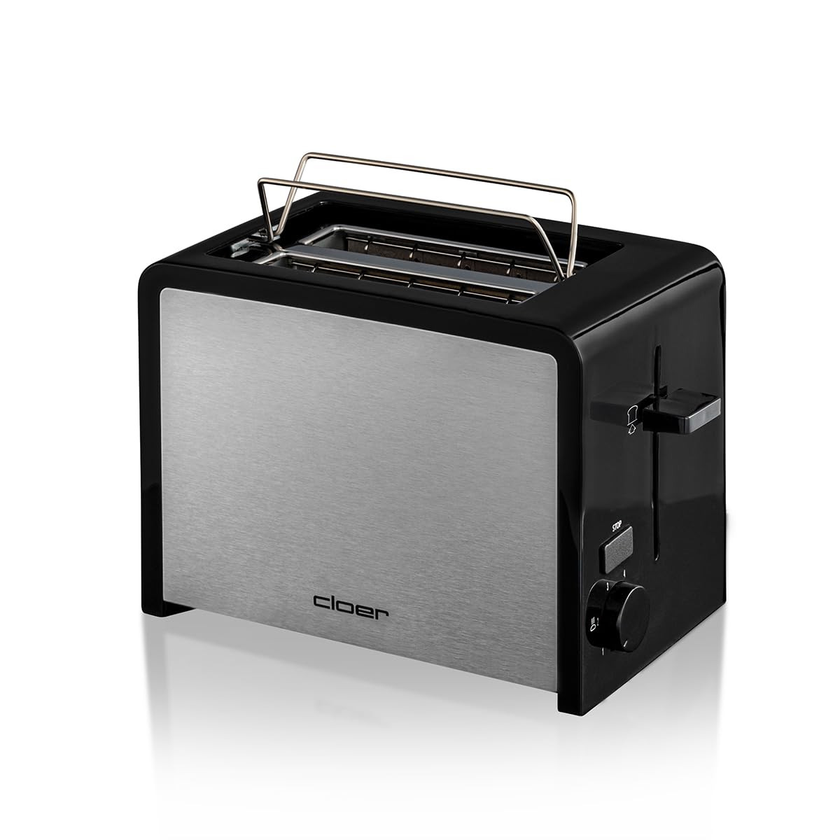 Cloer 3210 Tostadora para 2 tostadas, 825 vatios, calentador de panecillos incluido, dispositivo post-elevado, bandeja para las migas, aislada térmicamente, acero inoxidable esmerilado y negro