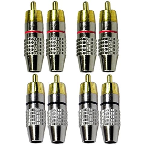 RCA Plug Solderless, Conwork 8-Pack RCA Male Plug Screws Audio Video in-Line Jack Adapter Gold Plated Cover