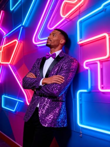 Image of Barry.Wang Mens Sequins Blazer Sparkle Dress Suit Jacket Cocktails Shiny Metallic Disco Dance Party Tuxedo Homecoming