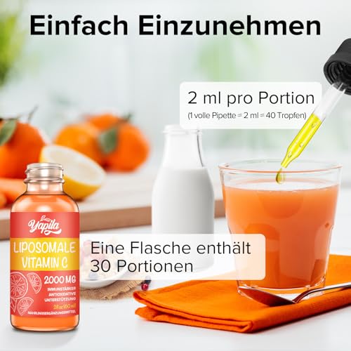 Liposomales Vitamin C 2000 mg Flüssiges Ergänzungsmittel, Maximale Absorption, Hochwirksames veganes Vit C, Ascorbinsäure, Nicht-GMO, Glutenfrei, Sojafrei
