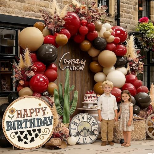 Image of Red Balloon Garland Double Stuffed Dark Red Brown Burgundy Balloons | Tan Nude White Sand Latex Balloon Arch Kit for Western Cowboy Birthday Bridal Wedding Fall Thanksgiving Party Decorations