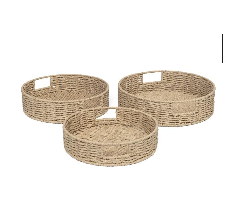 Woodluv Set of 3 Decorative Round Handwoven Paper Rope Serving Decor Storage Jewellery Display Tray With Handles, Extra Large, Large & Medium - Khaki