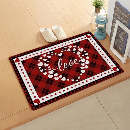 Valentine's Love Kitchen Bath Door Mat Cushioned Runner Rug,Washable Welcome Floor Sink Antifatigue Mat,Waterproof & Non-Slip Comfort Standing Doormat,Red Black Buffalo Plaid Heart Holiday 18