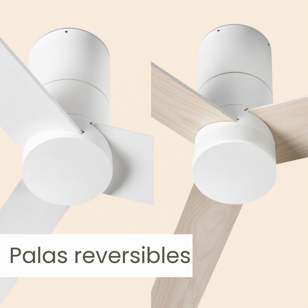/ HYBRID/Ventilador de techo blanco con wifi y palas reversibles blanco-arce Ø120 cm/Ultra Silencioso, bajo consumo, 6 Velocidades, Mando, Verano-Invierno, temporizador, TUYA, modo brisa