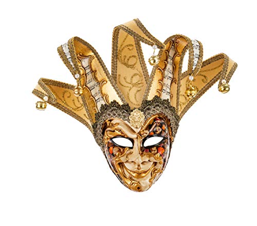 Máscara Decorativa Pequeña Original Veneciana Hecha A Mano, Con Rostro De Arlequín, Decoración Fantasía Cobre Y Oro Puntas De Terciopelo Y Papel De Partitura Made In Italy