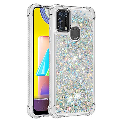 Funda para Samsung Galaxy M31 Glitter Liquida Brillante, Samsung Galaxy M31 Carcasa Transparente Purpurina Silicona Cristal TPU Bumper Bling Chicas Arena Movediza Case Cover (Plata) Cover