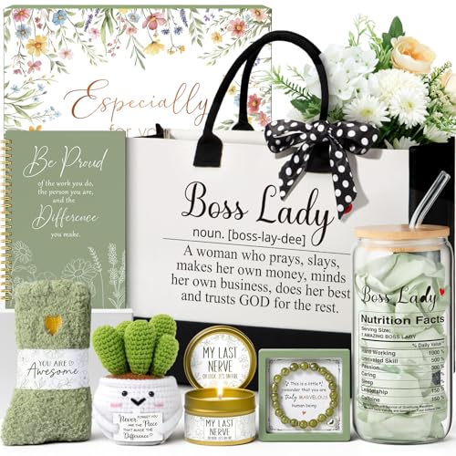 Bosses Day Gifts for Women, Best Boss Lady Gifts for Women, Unique Appreciation Thank You Christmas Birthday Gift Baskets for Boss Female, Going Away Leaving Bosses Gift Set w/Canvas Tote Bag