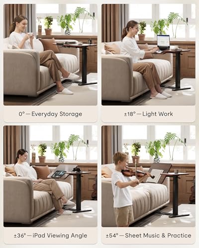 Image of FLEXISPOT Adjustable Height C-Shaped End Table with Split Tilting Top - Mobile Side Table for Sofa & Bedside, Slides Under Furniture, Hidden Wheels for Small Spaces(31.6 inch W x 15.7 inch D,Dark Walnut)