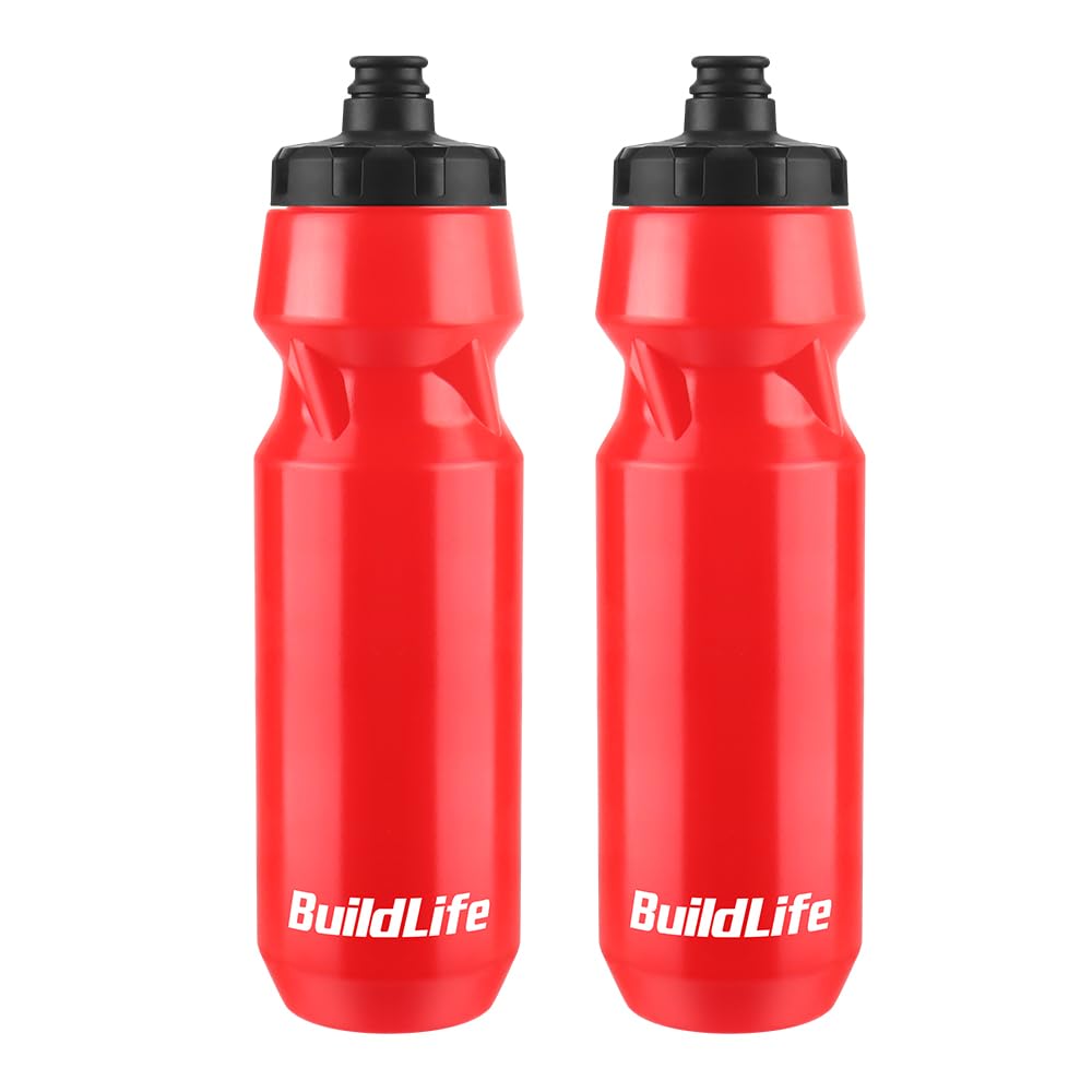 BuildLife 2 Pack Sports Water Bottle, 710ML Squeeze Water Bottle, Biking Water Bottles, BPA Free & Leakproof Cycling Bottles for Hiking, Outdoor Sports Dishwasher Safe (1L-YD-WX-UK-2pcs Red)