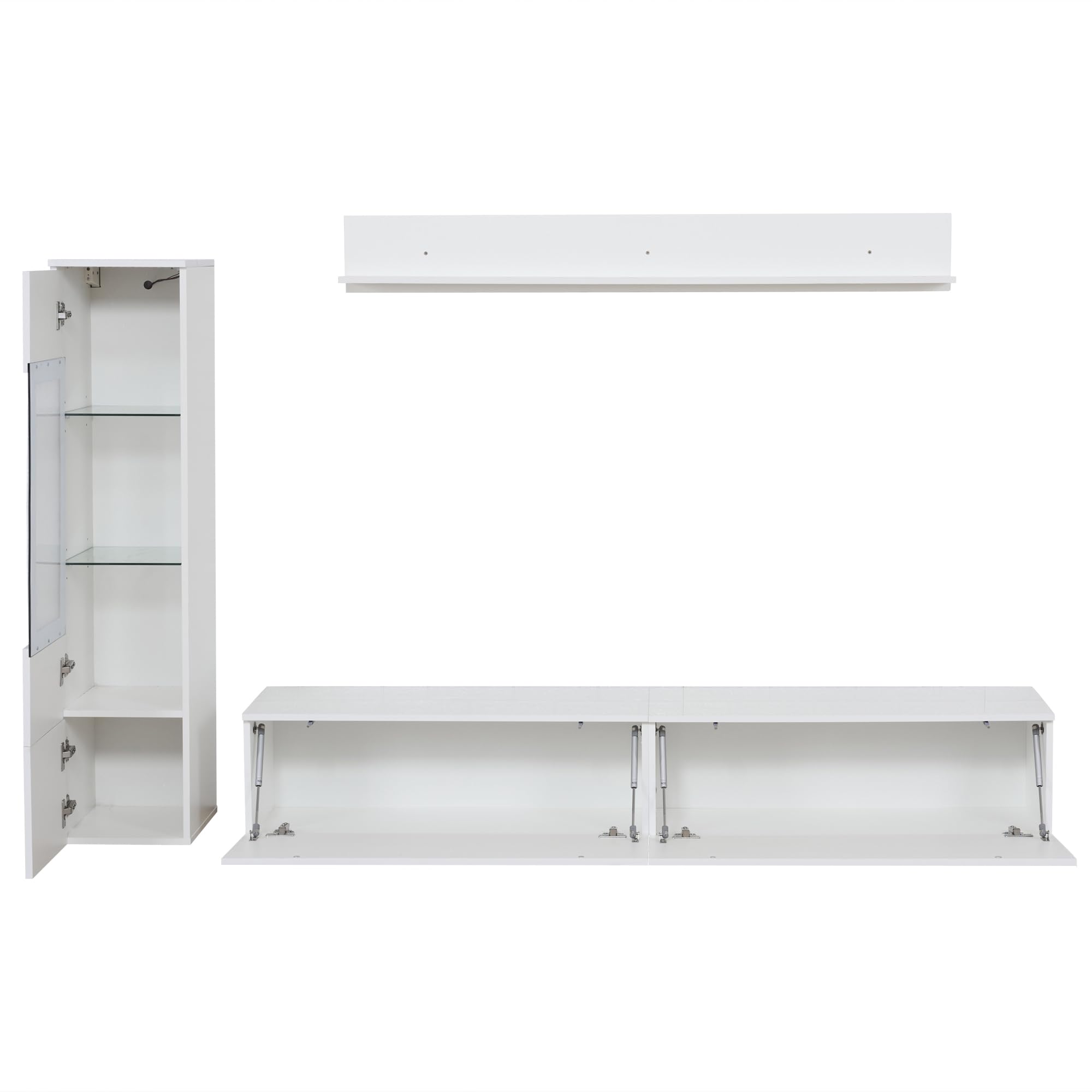 KAZZIO Set da parete per TV, 3 pezzi, illuminazione a LED, lucido, per soggiorno, 1 armadio per TV, 1 vetrina per soggiorno, 1 mensola da appendere (bianco)