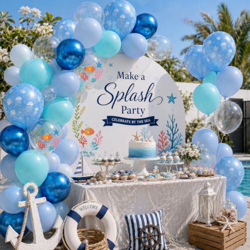 Image of Ocean Balloons, 12 inch Teal Blue Under the Sea Pearl Metallic Blue Balloons | with Sea Shell Print Pearl Aqua Clear Bubble Balloon for Summer Sea Beach Themed Pool Kids Birthday Baby Shower Decorations