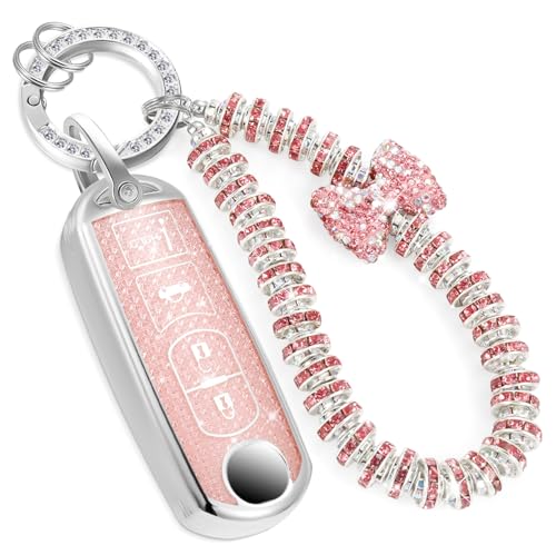 Image of Car Key Fob Cover for Mazda, Rhinestone Wristlet Case, Pink | Wear-resistant TPU shell, non-stretch rhinestone wristlet, daily splash, scratch and drop protection, normal signal use