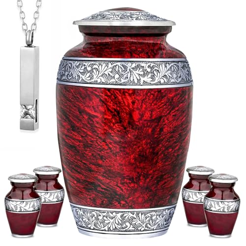 Image of Red Urn Sets of 6 Funeral & Cremation Urns for Human Ashes Adult Man or Woman | 1 Large Red Urns for Human Ashes Adult Female with an Ash Necklace & 4 Small Urns for Family Sharing