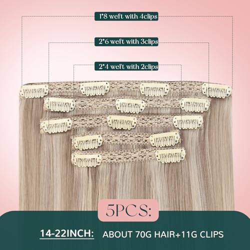 Image of Easyouth Clip in Hair Extensions Highlight Clip in Human Hair Extensions Warm Ash Blonde Highlights Bleach Blonde Real Human Hair Extension Clips ins 20 Inch 80G 5Pcs