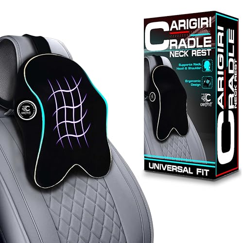 Image of Carigiri Cradle Car Neck Rest Cushion|1 Year Warranty| Memory Foam Neck Pillow| Seat Headrest Cushion| Car Neck Pillow for Neck Pain Relief in Office, Driving(Large+,Black,White Hemming,Pack of 1)
