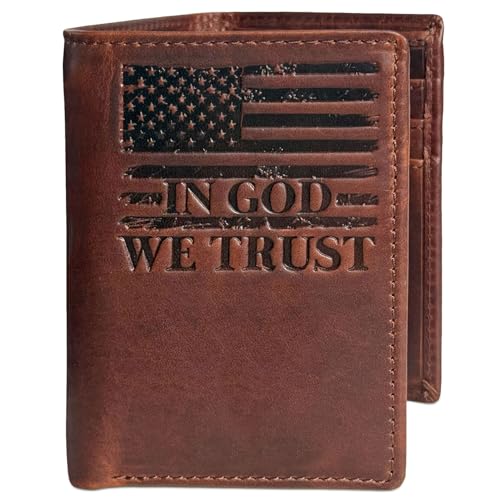The Patriot American Flag Trifold Wallet for Men, RFID Blocking, Double Bill Compartment, Full Grain Cowhide Leather Wallet, Vintage Brown