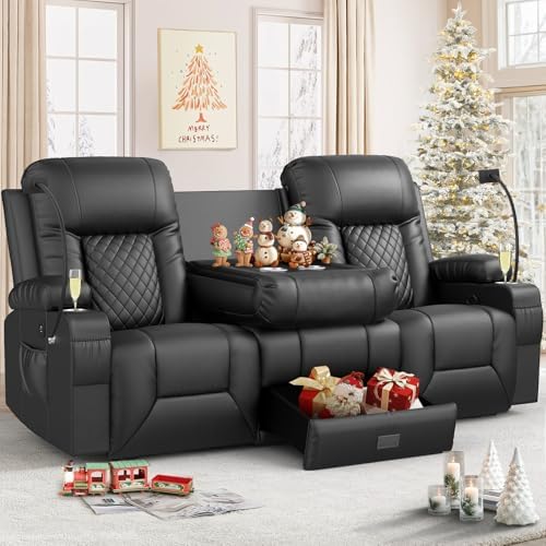 FURNIMAT Loveseat Recliner Sofa, 3 Seater Dual Reclining Sofa with Flip Back Console, Modern PU Leather Loveseat Couch for Living Room/RV, with Storage, USB Ports, Cup Holder, Cell Phone Holder, Black
