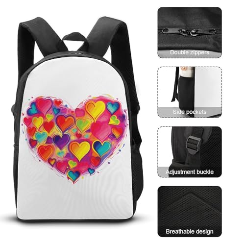 3 Piece Backpack for Women Men Lightweight Causal Daypack Shoulder Bag Set with Insulated Lunch Bag And Pencil Case Organizers Colourful Heart3