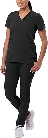 Adar Addition Go-Basic Scrub Set for Women - Slim V-Neck Scrub Top & Skinny Cargo Scrub Pants
