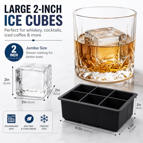 Image of Zollyss Ice Trays for Freezer Silicone | BPA-Free Large Jumbo Ice Cube Maker, Food-Grade Square Ice Cube Tray for Drinks, Cocktails, Coffee & Beverages, Black