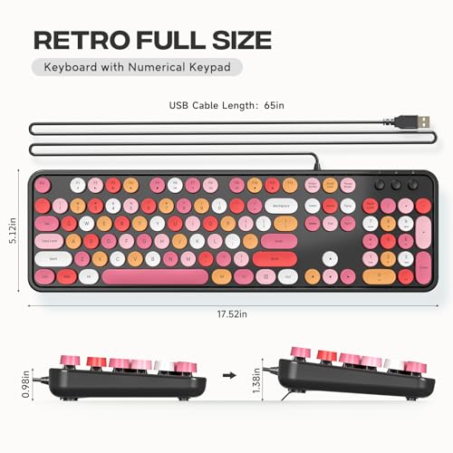 Image of MOWUX Computer Keyboard Wired, Plug and Play USB Retro Round Typewriter Keyboard, Full Size Wired Keyboard with Foldable Stands for Laptop and Office PC- Black Colorful