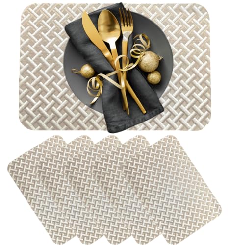 Image of Dining Table Placemats Set of 6 | Table Mats with Anti-Slip Silicone Dots Bottom | Heat Resistant Foldable Place Mats for Dining Table and Kitchen | 45 x 30 cm (Beige, UrbanWeave)